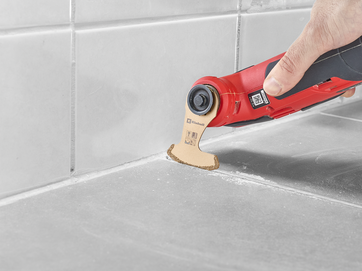Originele Einhell 4-delige multitoolset (BIM invalzaagblad, BIM halfrond zaagblad, CRV invalzaagblad en flexibele schraper met open rug snelwisselhouder voor gewone multitools